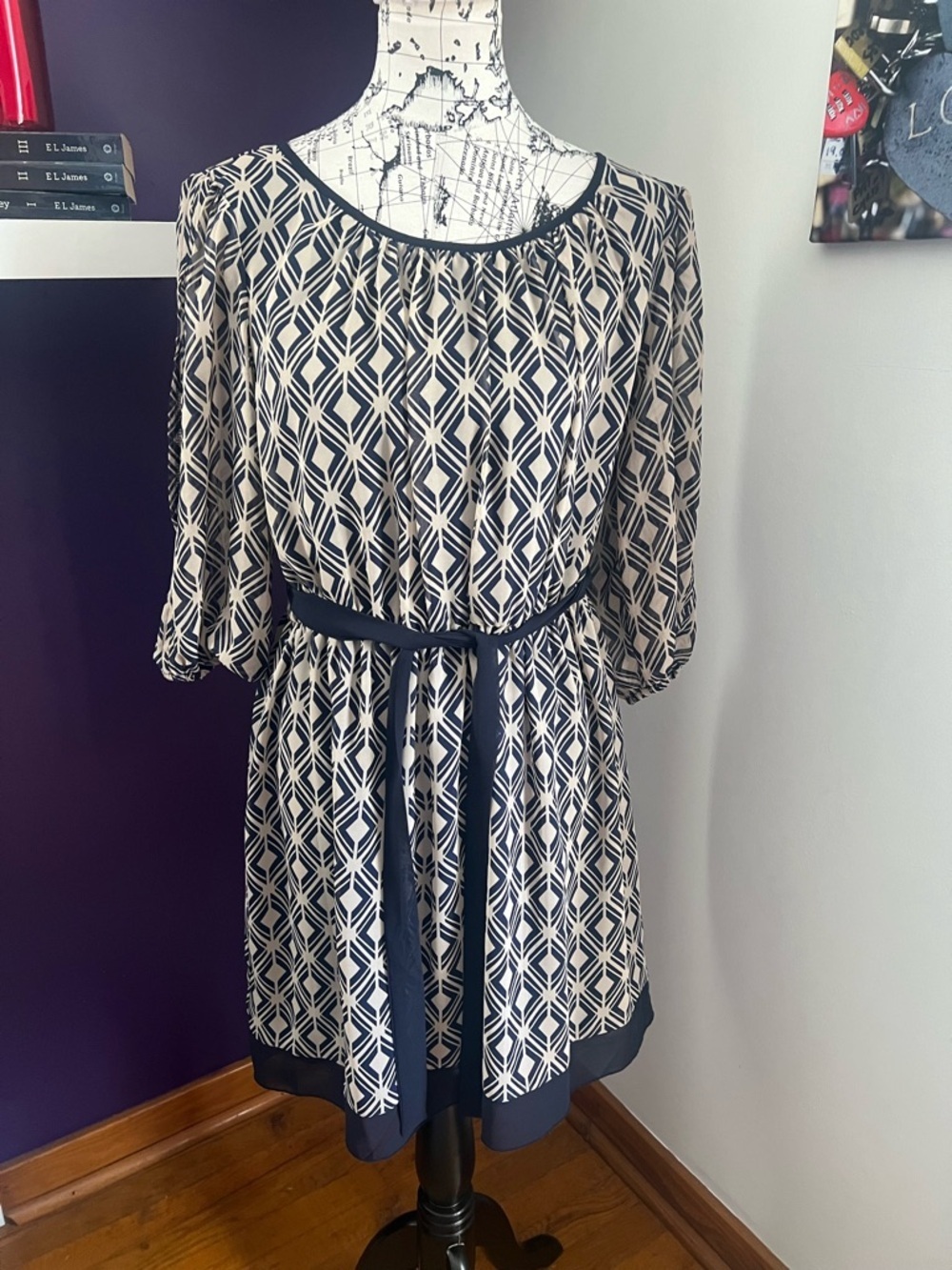Enfocus Studio Petite Geometric Midi Dress with Waist Tie